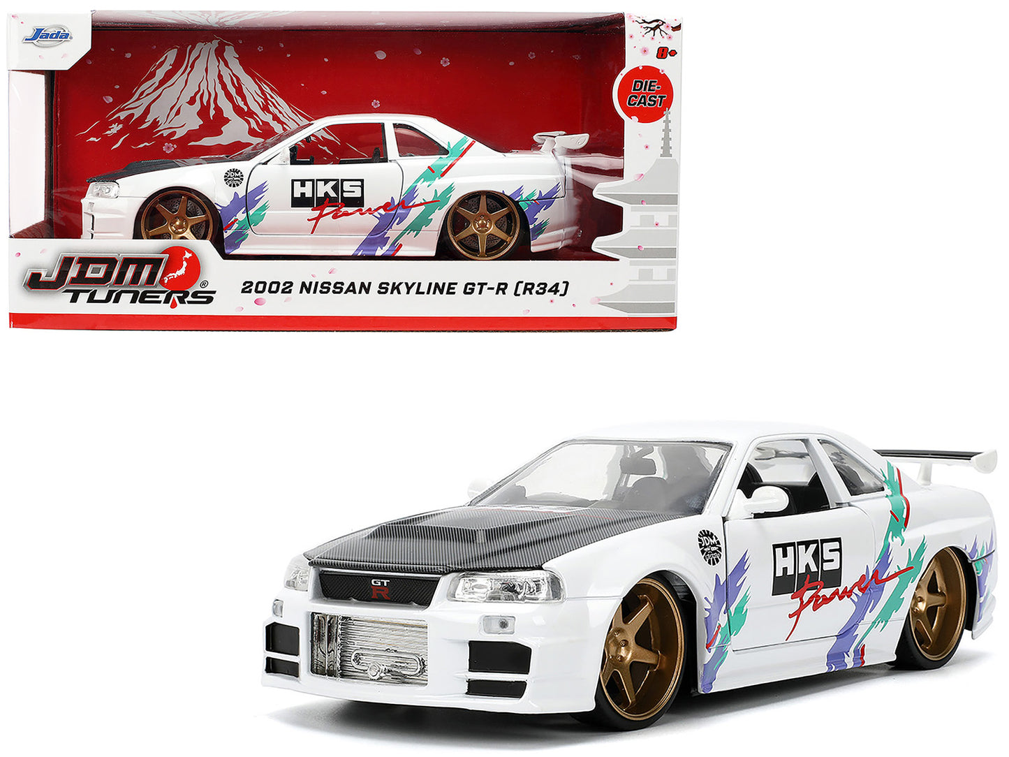 2002 Nissan Skyline GT-R (R34) RHD (Right Hand Drive) "HKS Power" White with Carbon Hood and Graphics "JDM Tuners" Series 1/24 Diecast Model Car by Jada <h2>2002 Jada</h2> <p>High-quality perfect for