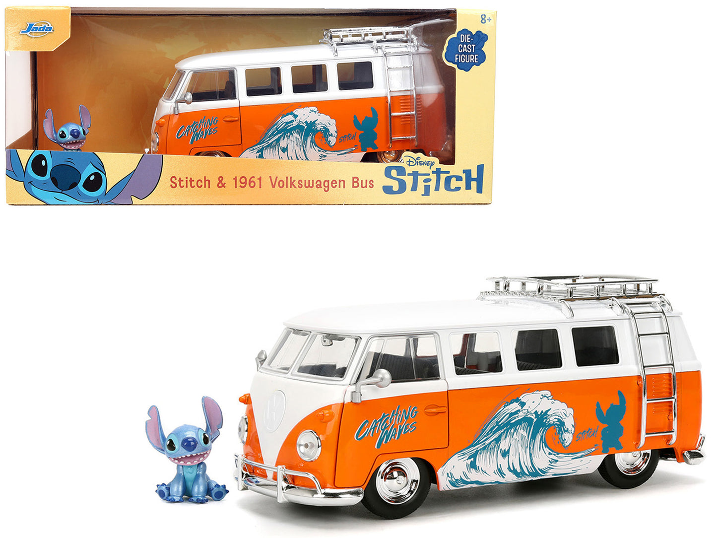 1961 Volkswagen Bus "Catching Waves" White and Orange with Stich Diecast Figure "Disney's Stitch" "Hollywood Rides" Series 1/24 Model by Jada <h2>1961 Jada</h2> <p>High-quality car perfect for collect