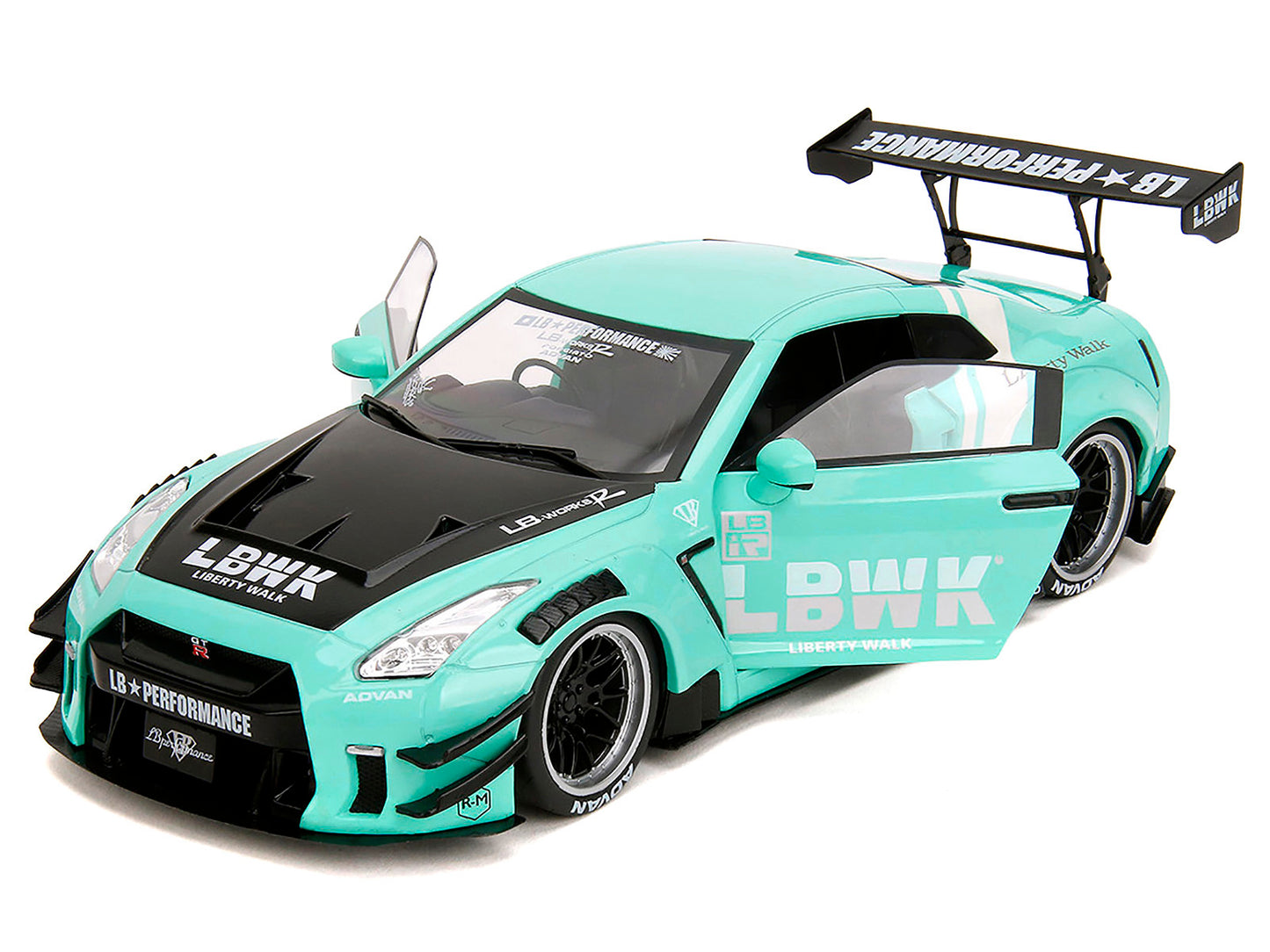 Nissan GT-R (R35) Liberty Walk Body Kit 2.0 RHD (Right Hand Drive) Light Blue with Black Hood and White Stripes "Pink Slips" Series 1/18 Diecast Model Car by Jada <h2>Nissan Jada</h2> <p>High-quality