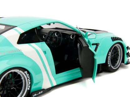 Nissan GT-R (R35) Liberty Walk Body Kit 2.0 RHD (Right Hand Drive) Light Blue with Black Hood and White Stripes "Pink Slips" Series 1/18 Diecast Model Car by Jada <h2>Nissan Jada</h2> <p>High-quality