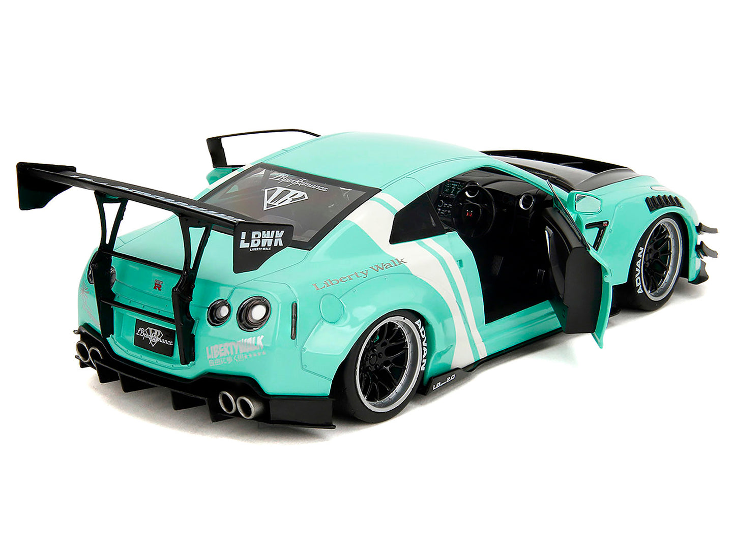Nissan GT-R (R35) Liberty Walk Body Kit 2.0 RHD (Right Hand Drive) Light Blue with Black Hood and White Stripes "Pink Slips" Series 1/18 Diecast Model Car by Jada <h2>Nissan Jada</h2> <p>High-quality
