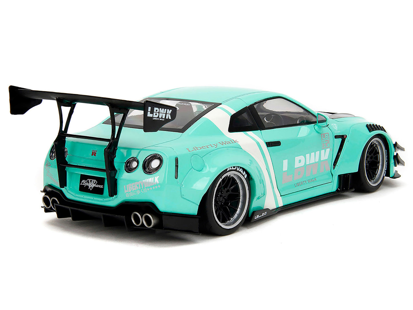 Nissan GT-R (R35) Liberty Walk Body Kit 2.0 RHD (Right Hand Drive) Light Blue with Black Hood and White Stripes "Pink Slips" Series 1/18 Diecast Model Car by Jada <h2>Nissan Jada</h2> <p>High-quality