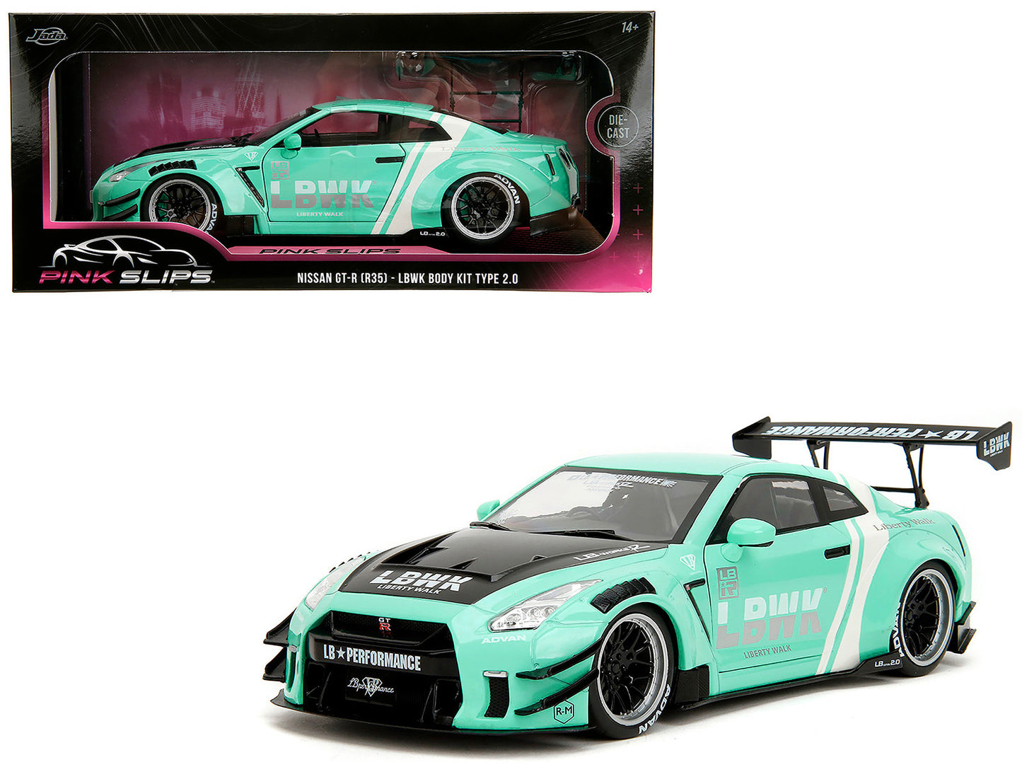 Nissan GT-R (R35) Liberty Walk Body Kit 2.0 RHD (Right Hand Drive) Light Blue with Black Hood and White Stripes "Pink Slips" Series 1/18 Diecast Model Car by Jada <h2>Nissan Jada</h2> <p>High-quality