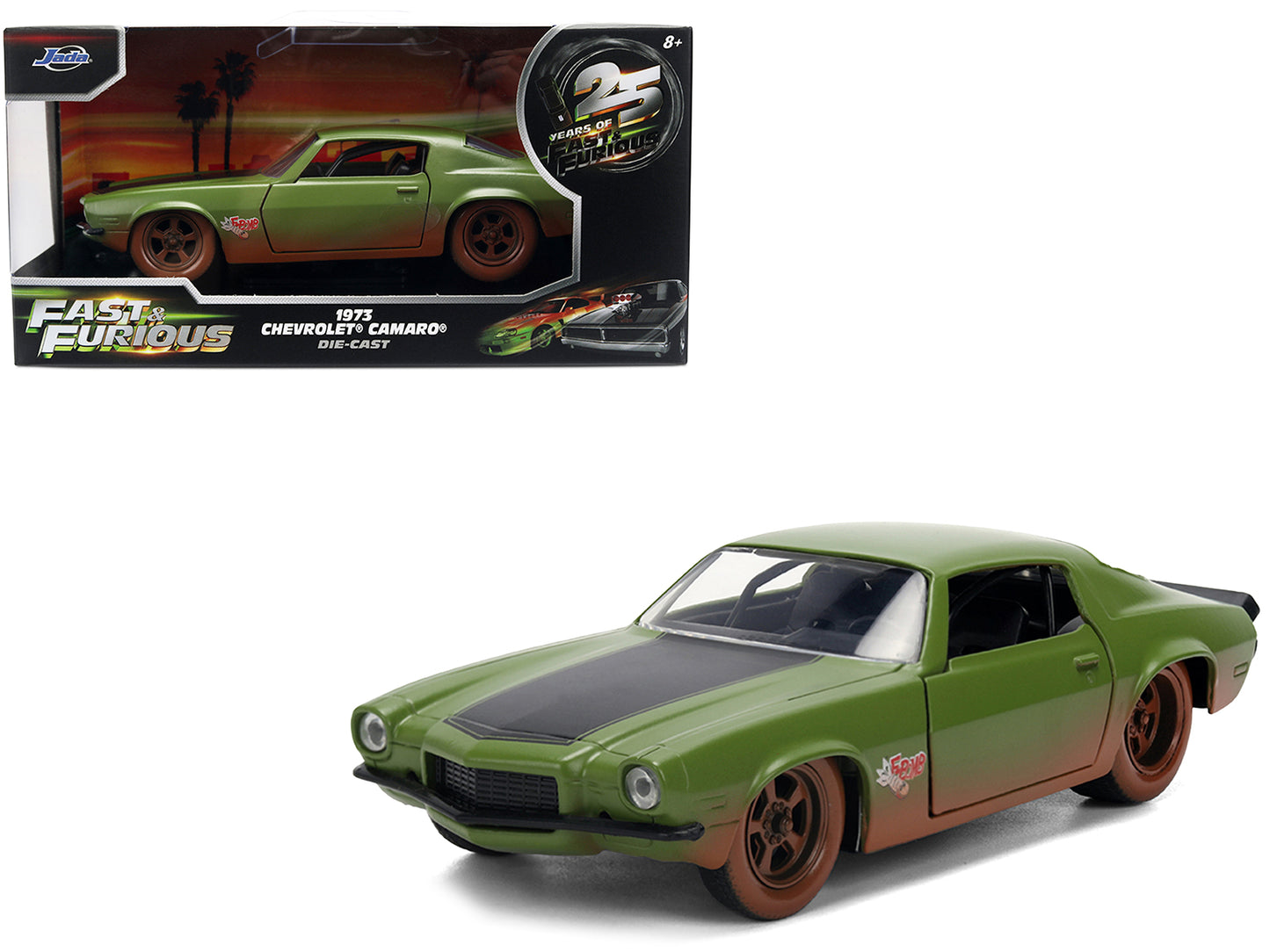 Dom's 1973 Chevrolet Camaro "F-Bomb" Matt Green (Dirty Version) with Black Hood Stripe "Fast & Furious" (2009) Movie Furious 25 Years" Series 1/32 Diecast Model Car by Jada <h2>Dom's Jada</h2> <p>High