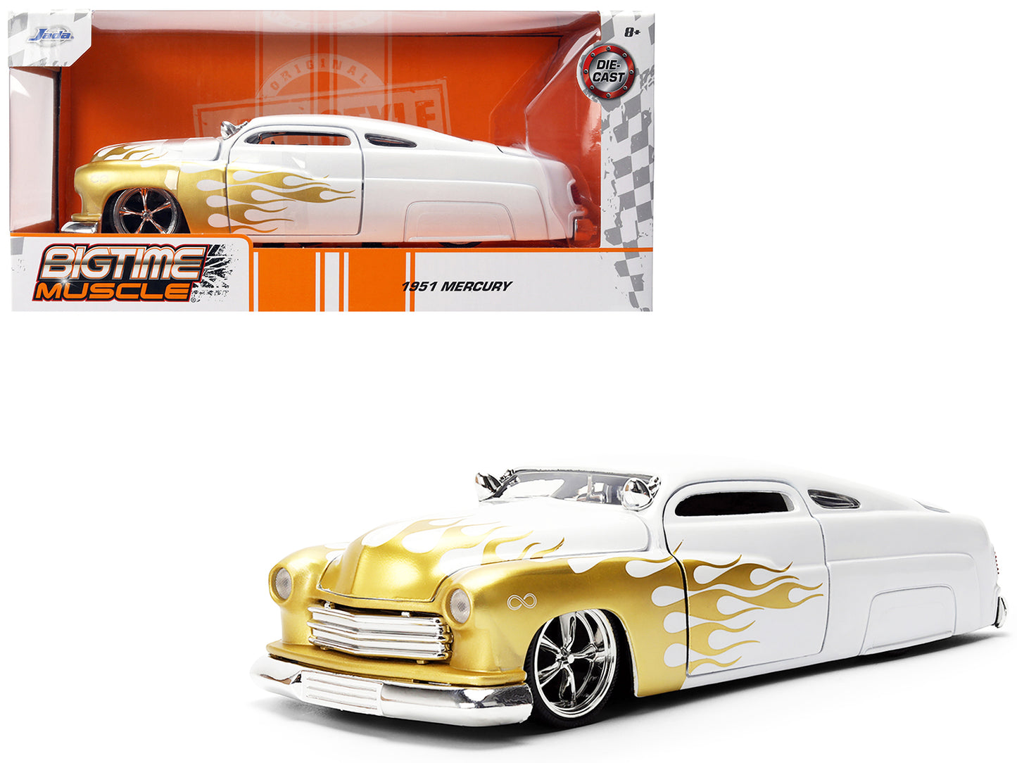 1951 Mercury Coupe White with Gold Flames "Bigtime Muscle" Series 1/24 Diecast Model Car by Jada <h2>1951 Jada</h2> <p>High-quality perfect for collectors and enthusiasts. Features detailed interior e