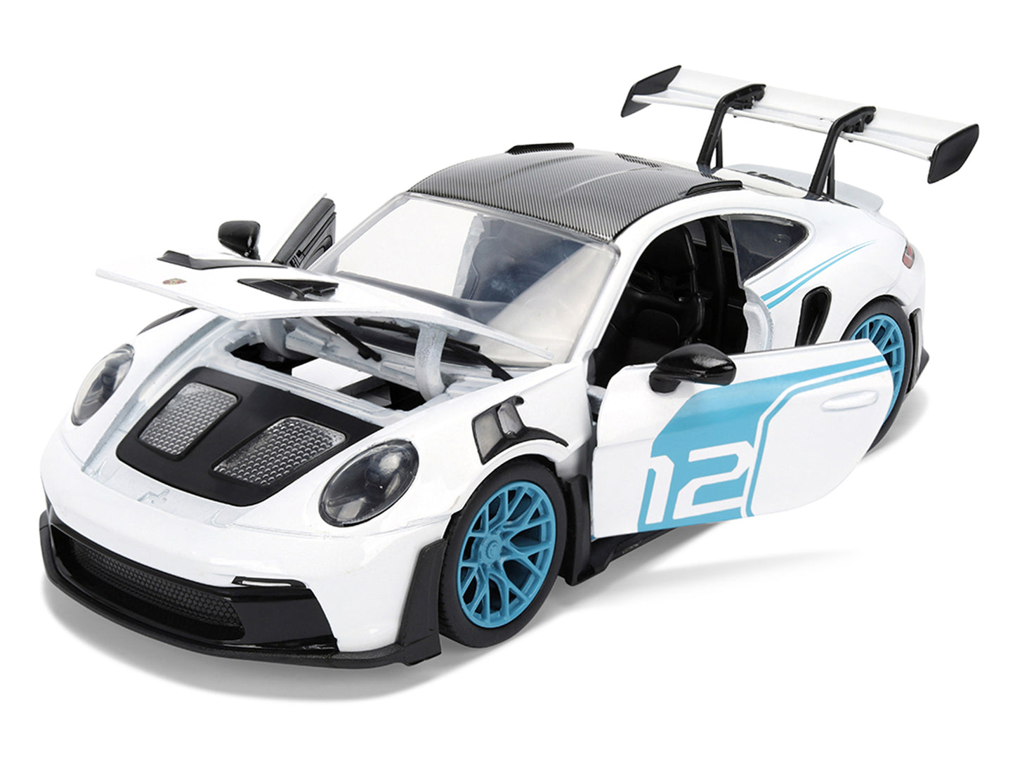 Porsche 911 GT3 RS (992) #12 White with Blue Stripes and Carbon Top "Hyper-Spec" Series 1/24 Diecast Model Car by Jada <h2>Porsche Jada</h2> <p>High-quality perfect for collectors enthusiasts. Feature