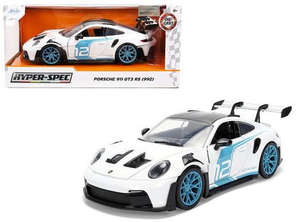 Porsche 911 GT3 RS (992) #12 White with Blue Stripes and Carbon Top "Hyper-Spec" Series 1/24 Diecast Model Car by Jada <h2>Porsche Jada</h2> <p>High-quality perfect for collectors enthusiasts. Feature