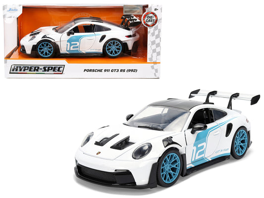 Porsche 911 GT3 RS (992) #12 White with Blue Stripes and Carbon Top "Hyper-Spec" Series 1/24 Diecast Model Car by Jada <h2>Porsche Jada</h2> <p>High-quality perfect for collectors enthusiasts. Feature