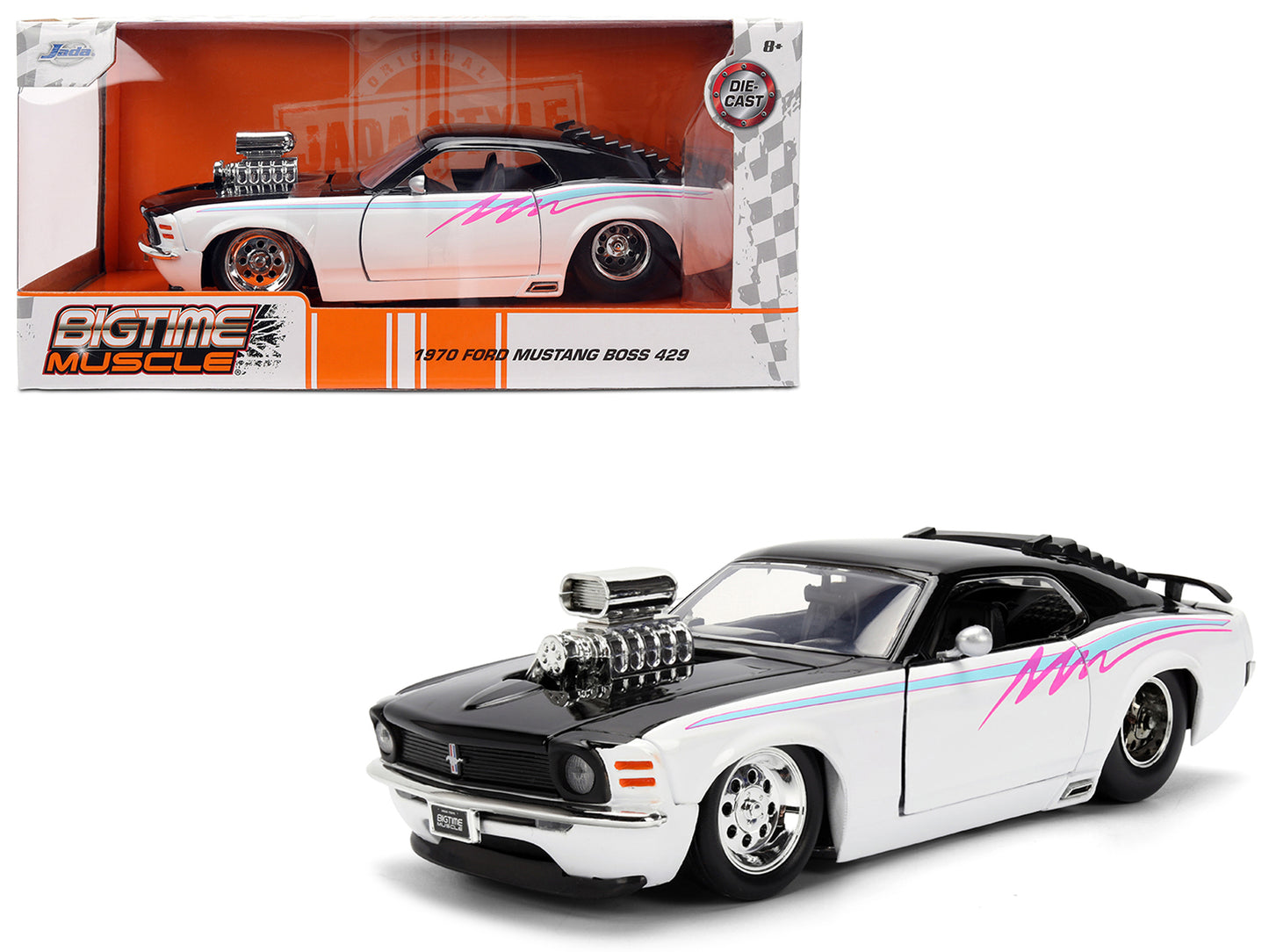 1970 Ford Mustang Boss 429 Black and White with Graphics "Bigtime Muscle" Series 1/24 Diecast Model Car by Jada <h2>1970 Jada</h2> <p>High-quality perfect for collectors enthusiasts. Features detailed