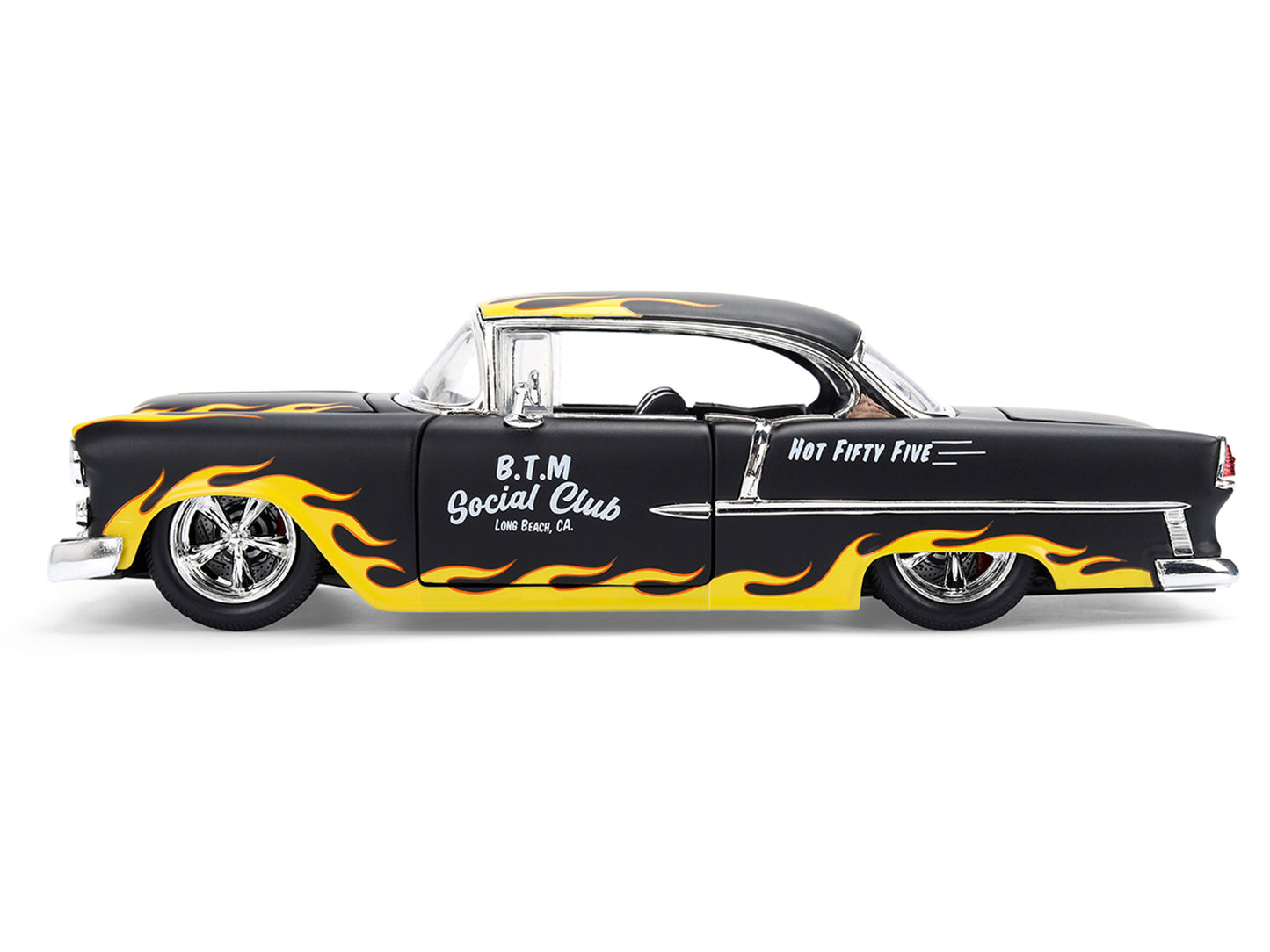 1955 Chevrolet Bel Air "BTM Social Club" Matt Black with Flames "Bigtime Muscle" Series 1/24 Diecast Model Car by Jada <h2>1955 Jada</h2> <p>High-quality perfect for collectors and enthusiasts. Featur