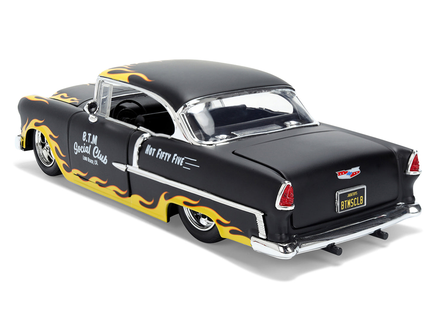 1955 Chevrolet Bel Air "BTM Social Club" Matt Black with Flames "Bigtime Muscle" Series 1/24 Diecast Model Car by Jada <h2>1955 Jada</h2> <p>High-quality perfect for collectors and enthusiasts. Featur