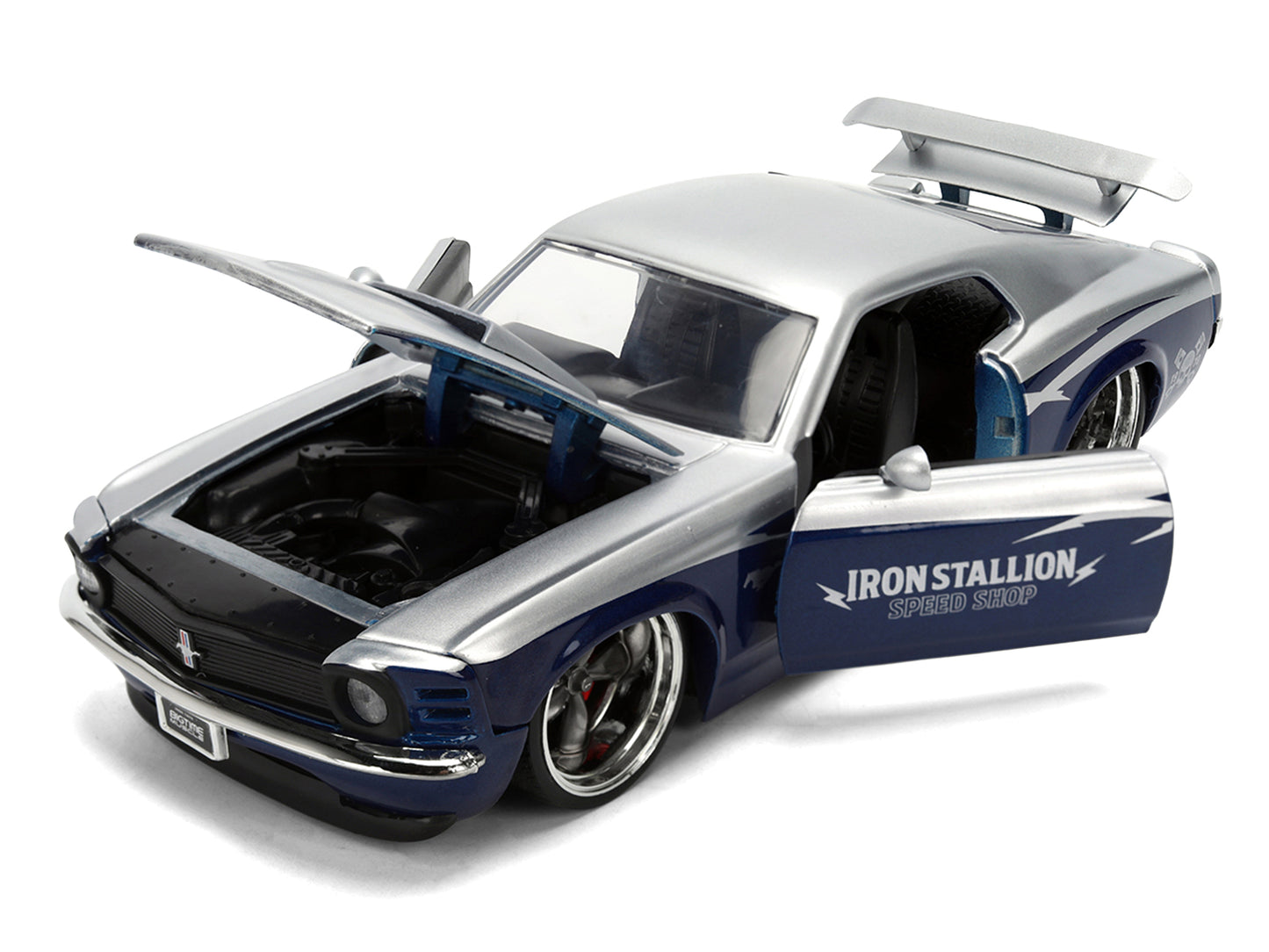 1970 Ford Mustang Boss 429 "Iron Stallion Speed Shop" Silver and Dark Blue Metallic "Bigtime Muscle" Series 1/24 T&y Diecast Model Car by Jada