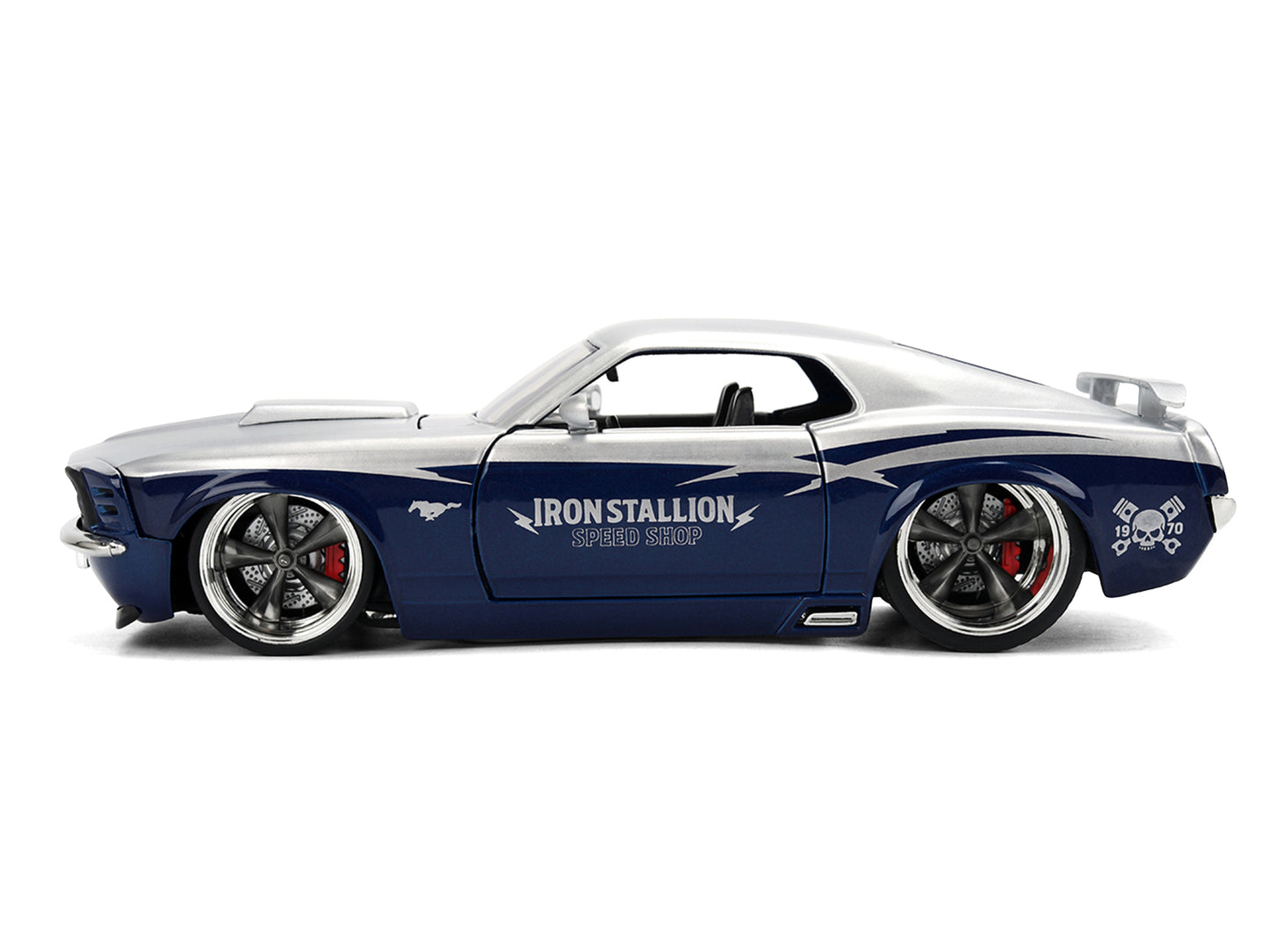 1970 Ford Mustang Boss 429 "Iron Stallion Speed Shop" Silver and Dark Blue Metallic "Bigtime Muscle" Series 1/24 T&y Diecast Model Car by Jada