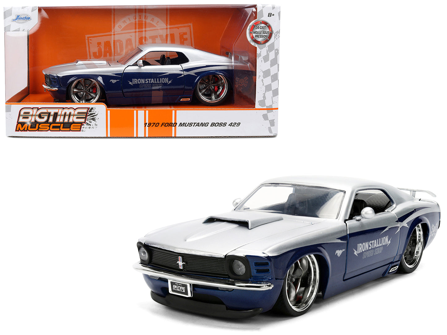1970 Ford Mustang Boss 429 "Iron Stallion Speed Shop" Silver and Dark Blue Metallic "Bigtime Muscle" Series 1/24 T&y Diecast Model Car by Jada