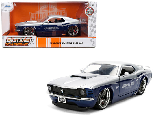 1970 Ford Mustang Boss 429 "Iron Stallion Speed Shop" Silver and Dark Blue Metallic "Bigtime Muscle" Series 1/24 T&y Diecast Model Car by Jada