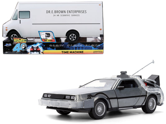 DeLorean Brushed Metal Time Machine with Lights "Back to the Future" (1985) Movie "40th Anniversary" Special Packaging "Hollywood Rides" Series 1/24 T&y Diecast Model Car by Jada