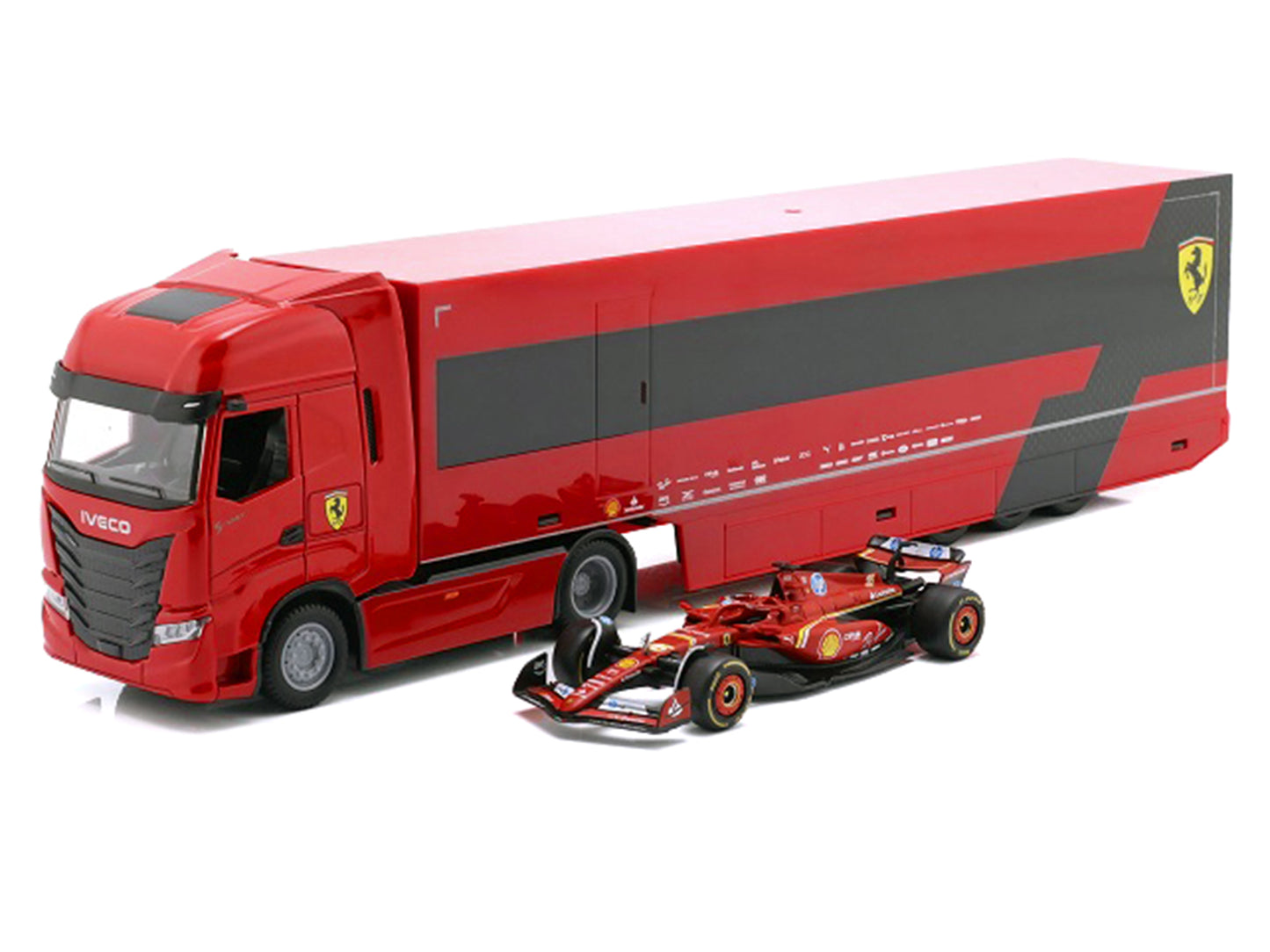 Iveco S-Way 570 Car Transporter Red and Ferrari SF-24 #16 Charles Leclerc Formula One F1 World Championship (2024) "Racing Hauler" Series 1/43 T&y Diecast Model Car by Bburago
