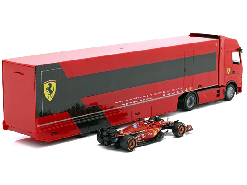 Iveco S-Way 570 Car Transporter Red and Ferrari SF-24 #16 Charles Leclerc Formula One F1 World Championship (2024) "Racing Hauler" Series 1/43 T&y Diecast Model Car by Bburago
