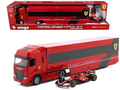 Iveco S-Way 570 Car Transporter Red and Ferrari SF-24 #16 Charles Leclerc Formula One F1 World Championship (2024) "Racing Hauler" Series 1/43 T&y Diecast Model Car by Bburago