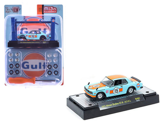 1971 Nissan Skyline GT-R RHD (Right Hand Drive) #15 "Gulf Oil" Light Blue and Orange "Auto-Lifts" Series Limited Edition to 3300 pieces Worldwide 1/64 T&y Diecast Model Car by M2 Machines