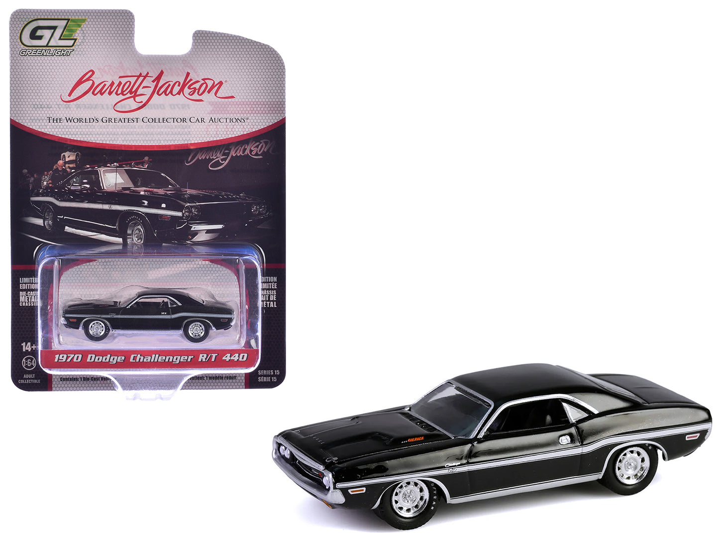 GreenLight 1970 Dodge Challenger R/T 440 Black with White Stripes "Barrett-Jackson" Series 15 1/64 Diecast Model Car by <h2>1970 Greenlight</h2> <p>High-quality perfect for collectors and enthusiasts.