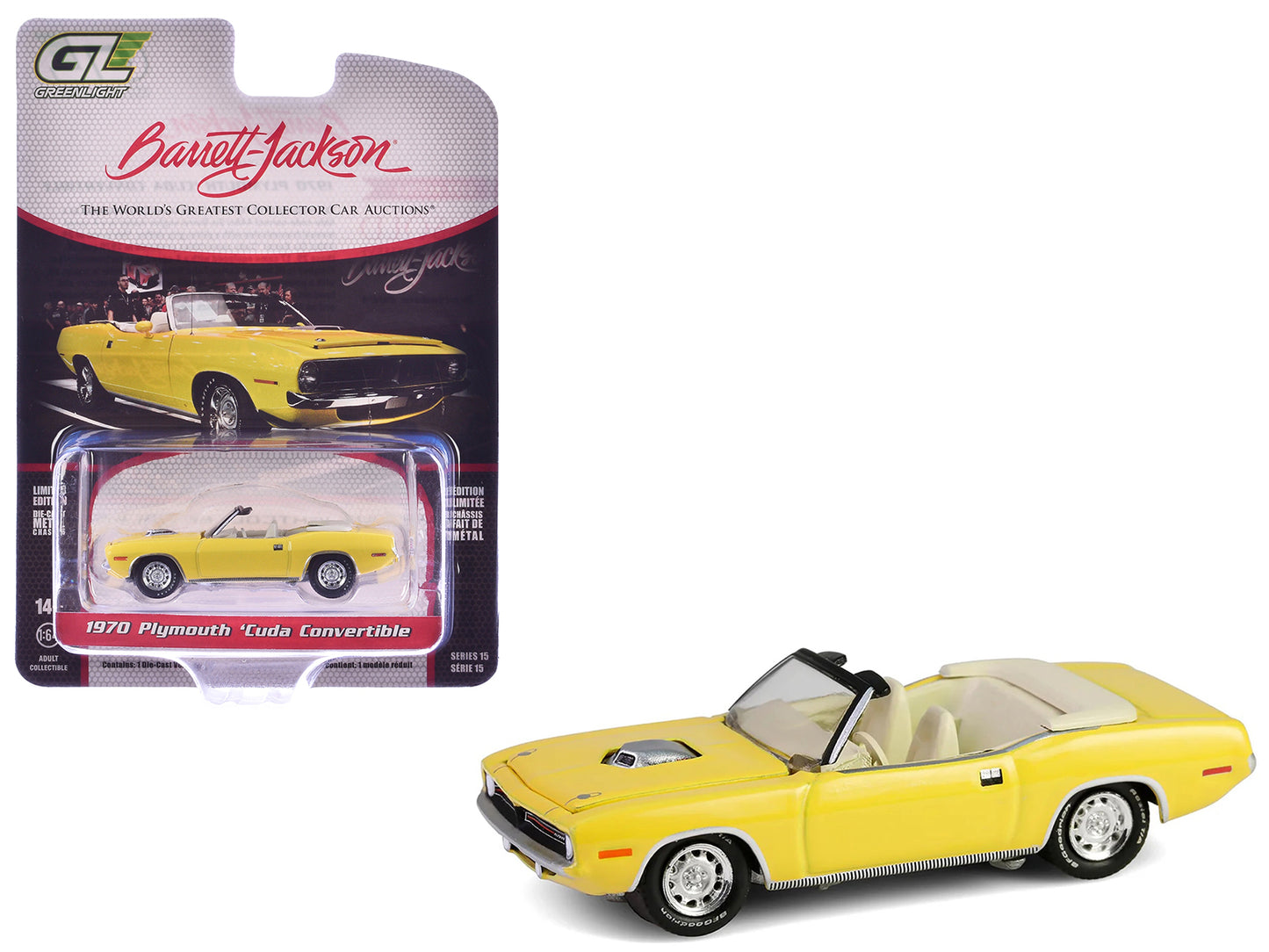 GreenLight 1970 Plymouth 'Cuda Convertible Yellow "Barrett-Jackson" Series 15 1/64 Diecast Model Car by <h2>1970 Greenlight</h2> <p>High-quality perfect for collectors and enthusiasts. Features detail