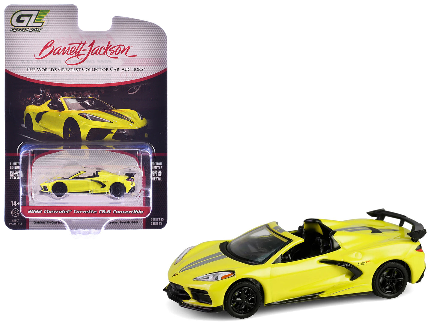 GreenLight 2022 Chevrolet Corvette C8.R Convertible Yellow with Silver Stripes "Barrett-Jackson" Series 15 1/64 Diecast Model Car by <h2>2022 Greenlight</h2> <p>High-quality perfect for collectors and