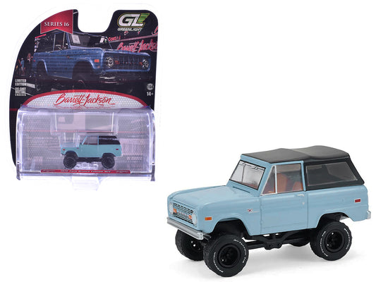 1972 Ford Bronco Custom SUV Light Blue with Black Top "Barrett-Jackson" Series 16 1/64 T&y Diecast Model Car by Greenlight