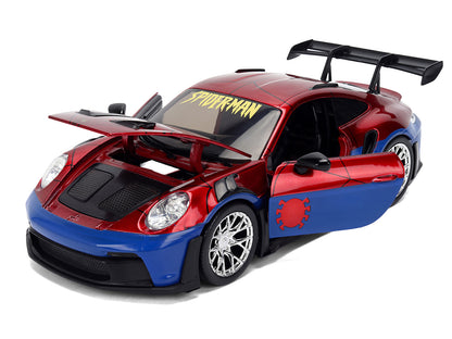 Porsche 911 GT3 RS (992) Red and Blue with Graphics and Spider-Man Diecast Figure "Marvel Spider-Man" "Hollywood Rides" Series 1/24 Diecast Model Car by Jada