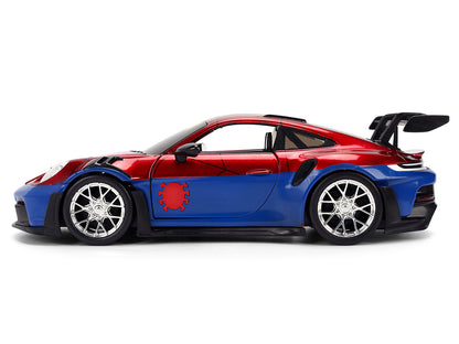 Porsche 911 GT3 RS (992) Red and Blue with Graphics and Spider-Man Diecast Figure "Marvel Spider-Man" "Hollywood Rides" Series 1/24 Diecast Model Car by Jada