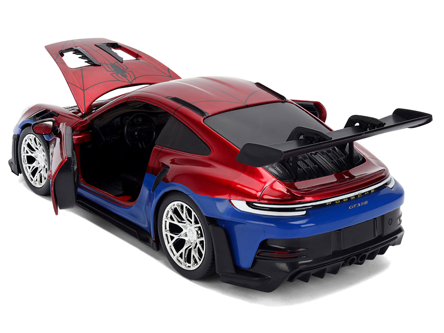 Porsche 911 GT3 RS (992) Red and Blue with Graphics and Spider-Man Diecast Figure "Marvel Spider-Man" "Hollywood Rides" Series 1/24 Diecast Model Car by Jada