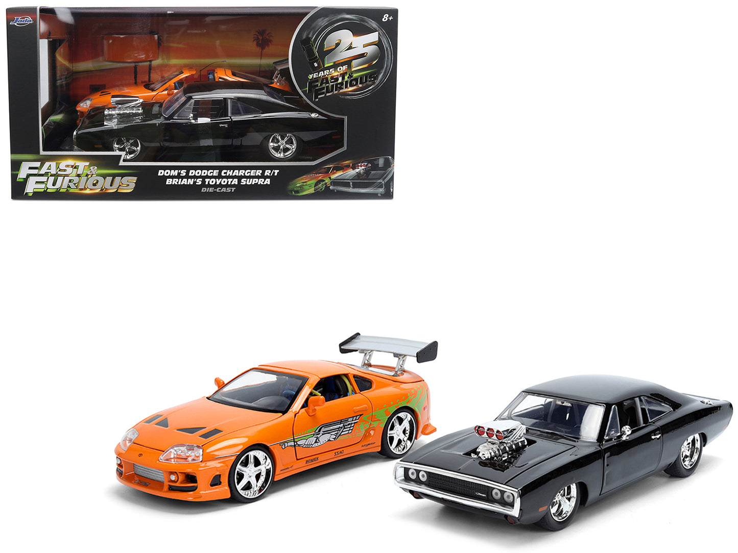 Dom's 1970 Dodge Charger R/T Black and Brian's Toyota Supra Orange with Graphics Set of 2 Cars "Fast & Furious 25th Anniversary" Furious" Series 1/24 Diecast Model by Jada <h2>Dom's Jada</h2> <p>High-