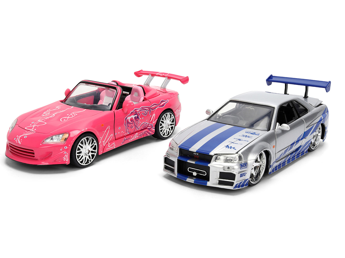 Brian's Nissan Skyline GT-R (R34) Silver Metallic with Blue Stripes and Suki's Honda S2000 Pink Graphics Set of 2 Cars "Fast & Furious 25th Anniversary" Furious" Series 1/24 Diecast Model by Jada Car