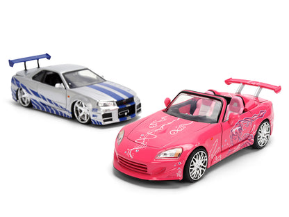 Brian's Nissan Skyline GT-R (R34) Silver Metallic with Blue Stripes and Suki's Honda S2000 Pink Graphics Set of 2 Cars "Fast & Furious 25th Anniversary" Furious" Series 1/24 Diecast Model by Jada Car