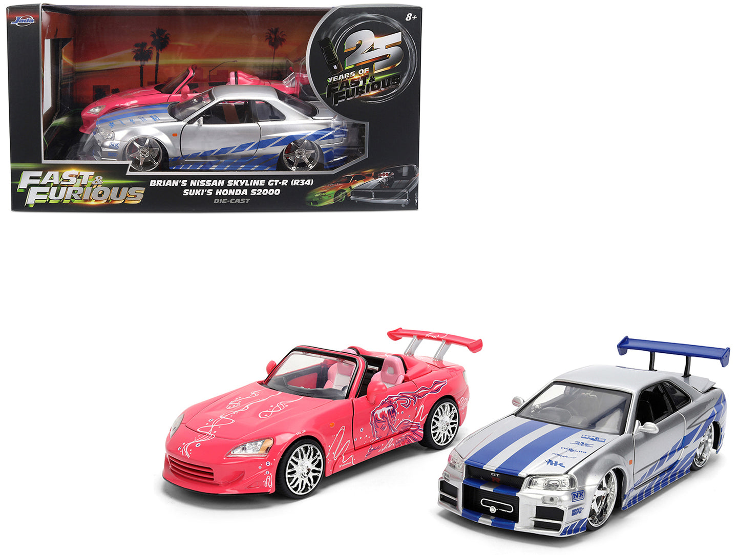 Brian's Nissan Skyline GT-R (R34) Silver Metallic with Blue Stripes and Suki's Honda S2000 Pink Graphics Set of 2 Cars "Fast & Furious 25th Anniversary" Furious" Series 1/24 Diecast Model by Jada Car