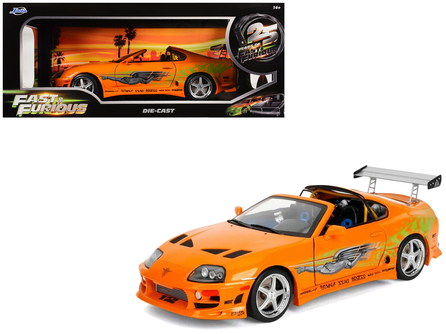 1993 T&yota Supra Orange with Graphics "The Fast and the Furious" (2001) Movie "25 Years of Fast & Furious" Series 1/18 T&y Diecast Model Car by Jada