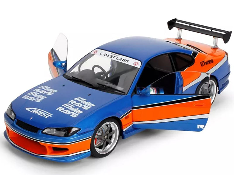 2002 Nissan Silvia (S15) RHD (Right Hand Drive) Blue Metallic with Orange Graphics "The Fast and the Furious: Tokyo Drift" (2006) Movie "25 Years of Fast & Furious" Series 1/18 T&y Diecast Model Car by Jada