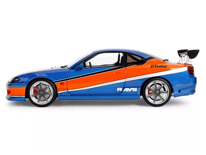 2002 Nissan Silvia (S15) RHD (Right Hand Drive) Blue Metallic with Orange Graphics "The Fast and the Furious: Tokyo Drift" (2006) Movie "25 Years of Fast & Furious" Series 1/18 T&y Diecast Model Car by Jada
