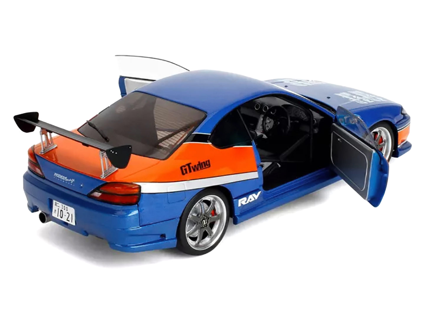 2002 Nissan Silvia (S15) RHD (Right Hand Drive) Blue Metallic with Orange Graphics "The Fast and the Furious: Tokyo Drift" (2006) Movie "25 Years of Fast & Furious" Series 1/18 T&y Diecast Model Car by Jada
