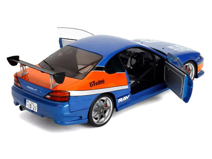 2002 Nissan Silvia (S15) RHD (Right Hand Drive) Blue Metallic with Orange Graphics "The Fast and the Furious: Tokyo Drift" (2006) Movie "25 Years of Fast & Furious" Series 1/18 T&y Diecast Model Car by Jada