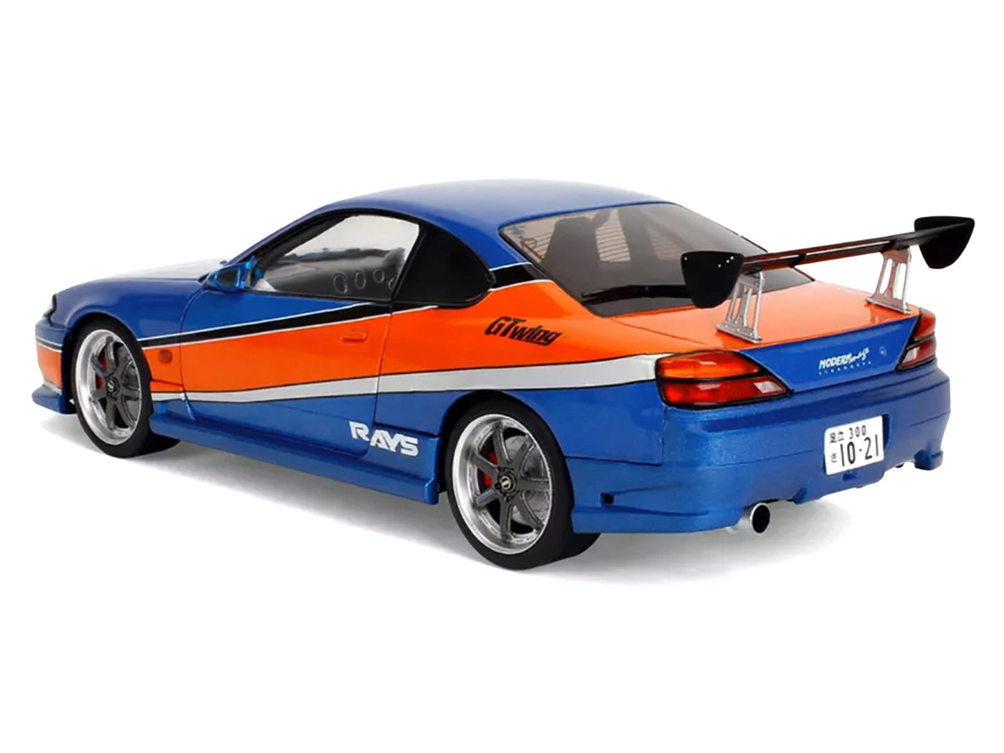 2002 Nissan Silvia (S15) RHD (Right Hand Drive) Blue Metallic with Orange Graphics "The Fast and the Furious: Tokyo Drift" (2006) Movie "25 Years of Fast & Furious" Series 1/18 T&y Diecast Model Car by Jada