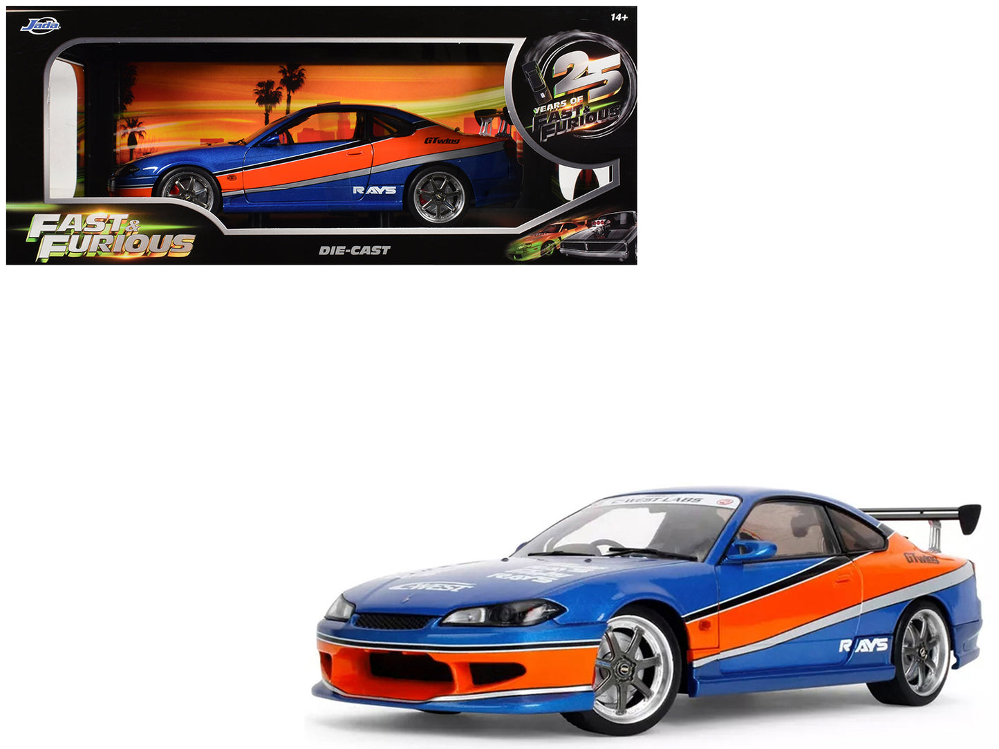 2002 Nissan Silvia (S15) RHD (Right Hand Drive) Blue Metallic with Orange Graphics "The Fast and the Furious: Tokyo Drift" (2006) Movie "25 Years of Fast & Furious" Series 1/18 T&y Diecast Model Car by Jada