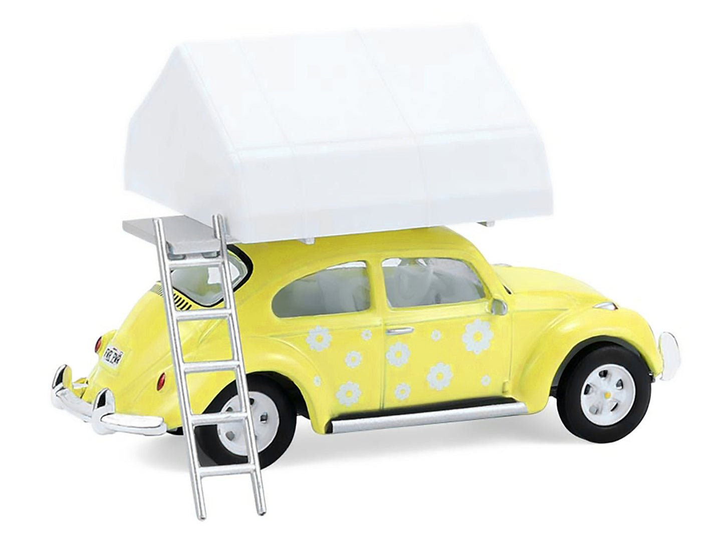 GreenLight Volkswagen Classic Beetle Yellow with White Flower Graphics and Interior Camp'otel Cartop Sleeper Tent "The Great Outdoors" Series 4 1/64 Diecast Model Car by <h2>Volkswagen Greenlight</h2>