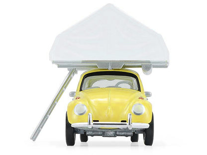 GreenLight Volkswagen Classic Beetle Yellow with White Flower Graphics and Interior Camp'otel Cartop Sleeper Tent "The Great Outdoors" Series 4 1/64 Diecast Model Car by <h2>Volkswagen Greenlight</h2>