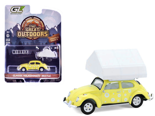 Volkswagen Classic Beetle Yellow with White Flower Graphics and Interior with Camp'otel Cartop Sleeper Tent "The Great Outdoors" Series 4 1/64 T&y Diecast Model Car by Greenlight