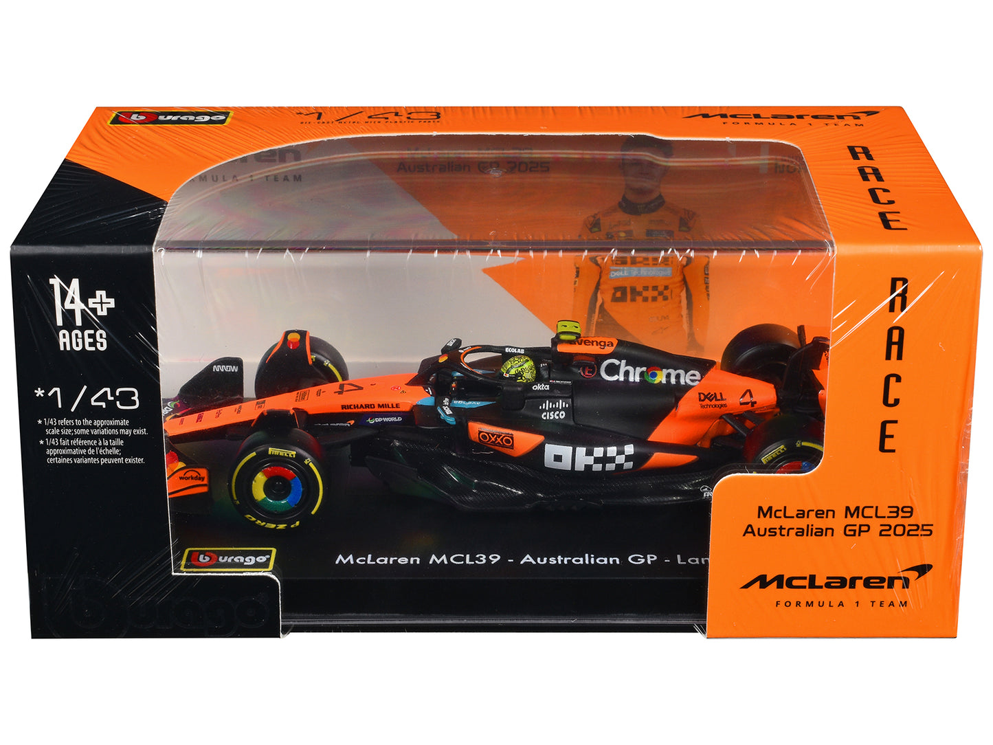 McLaren MCL39 #4 Lando Norris Winner Formula One F1 "Australian GP" (2025) with Display Case "Race" Series 1/43 T&y Diecast Model Car by Bburago