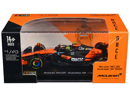 McLaren MCL39 #4 Lando Norris Winner Formula One F1 "Australian GP" (2025) with Display Case "Race" Series 1/43 T&y Diecast Model Car by Bburago