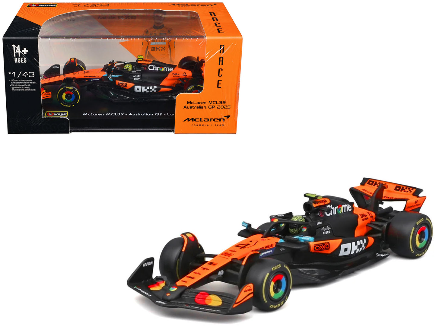 McLaren MCL39 #4 Lando Norris Winner Formula One F1 "Australian GP" (2025) with Display Case "Race" Series 1/43 T&y Diecast Model Car by Bburago
