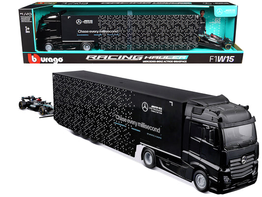 Mercedes-Benz Actros Gigaspace Car Transporter Black and Mercedes-AMG F1 W15 E Performance #63 George Russell "Petronas" Formula One F1 World Championship (2024) "Racing Hauler" Series 1/43 T&y Diecast Model Car by Bburago