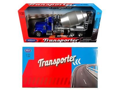 Peterbilt 379 Cement Mixer Blue Metallic with Chrome and Silver Mixer "Transporter" Series 1/32 T&y Diecast Model by Welly